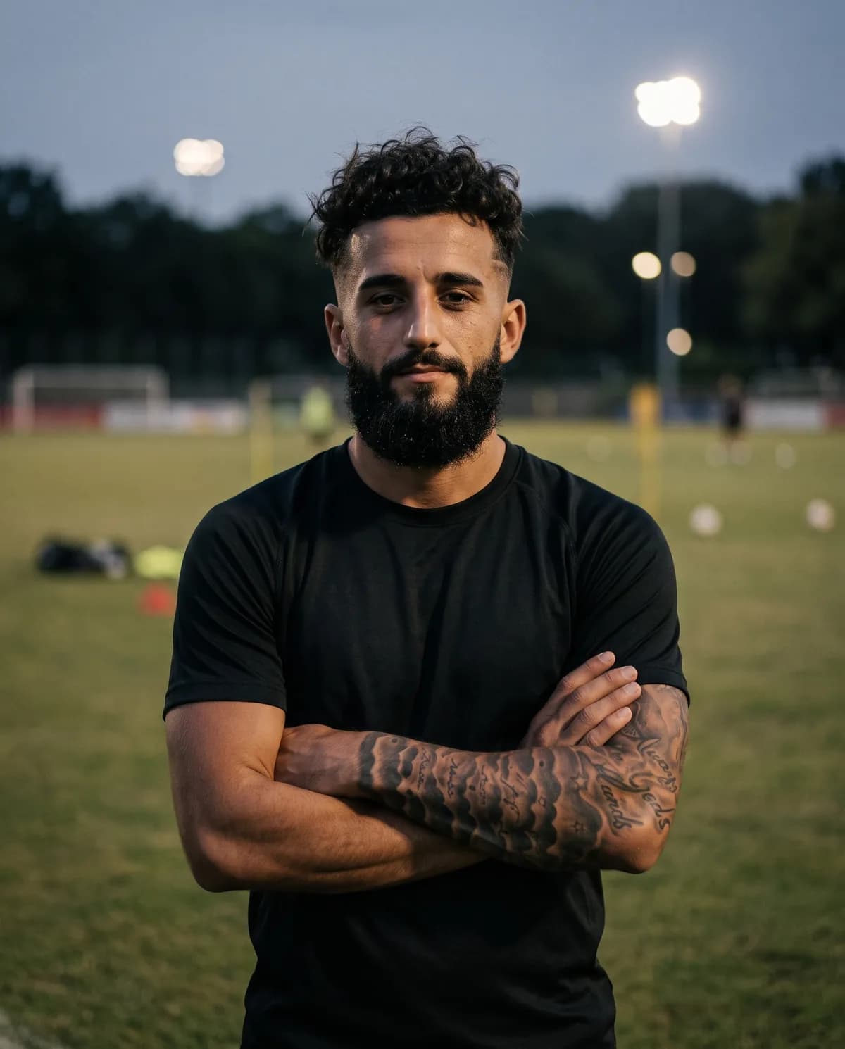 KI-generiertes Bild: Florijon Belegu mit verschränkten Armen auf dem Trainingsplatz